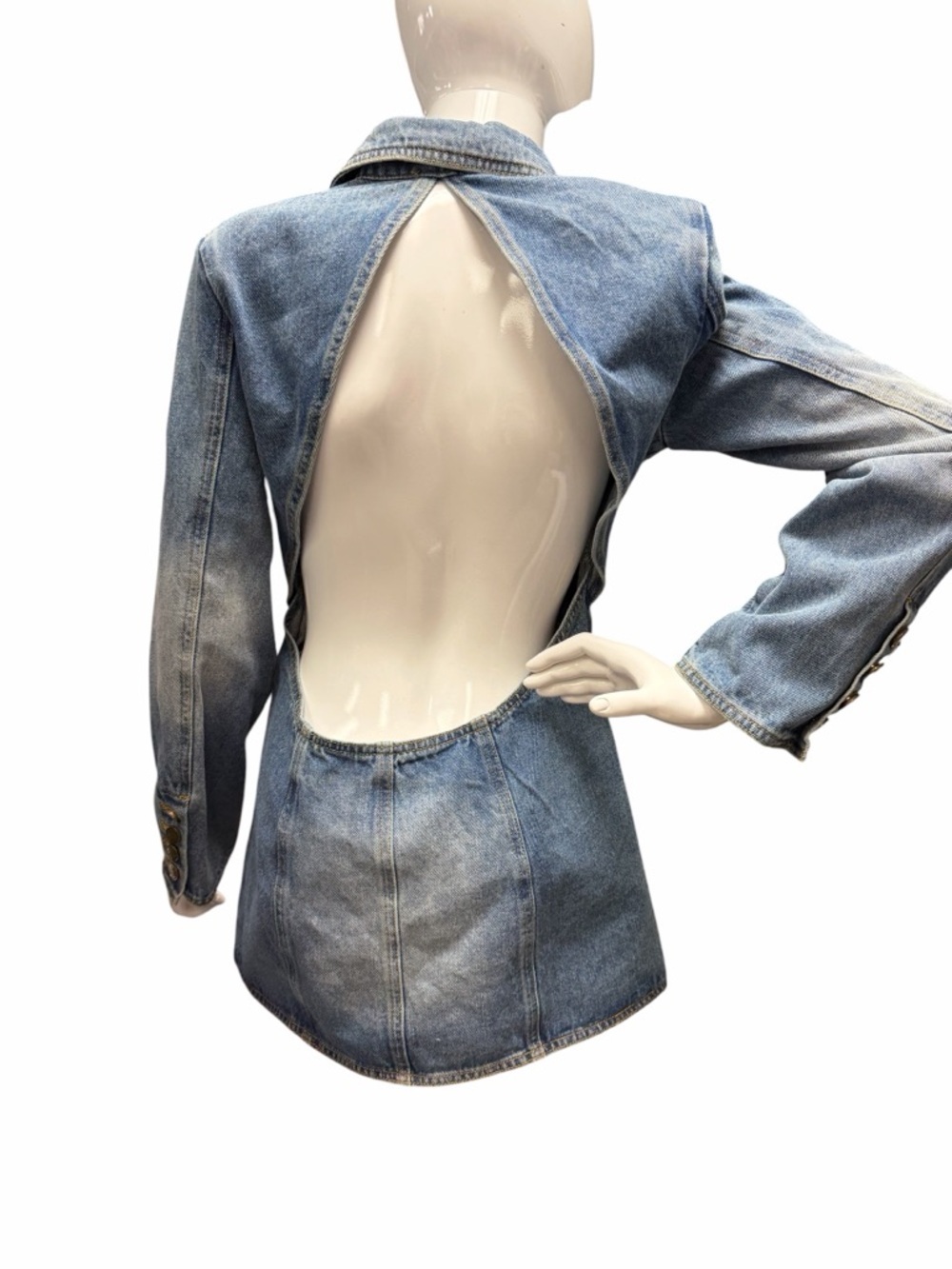 I2 Innovare Denim Baldwin Rhinestone Cutout Lapel Denim Mini